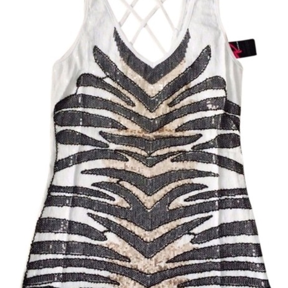 NWT 2b Bebe Black/White/Gold Sequin Sequined Stripe Zebra Strap Tank Top Cami - Picture 1 of 5